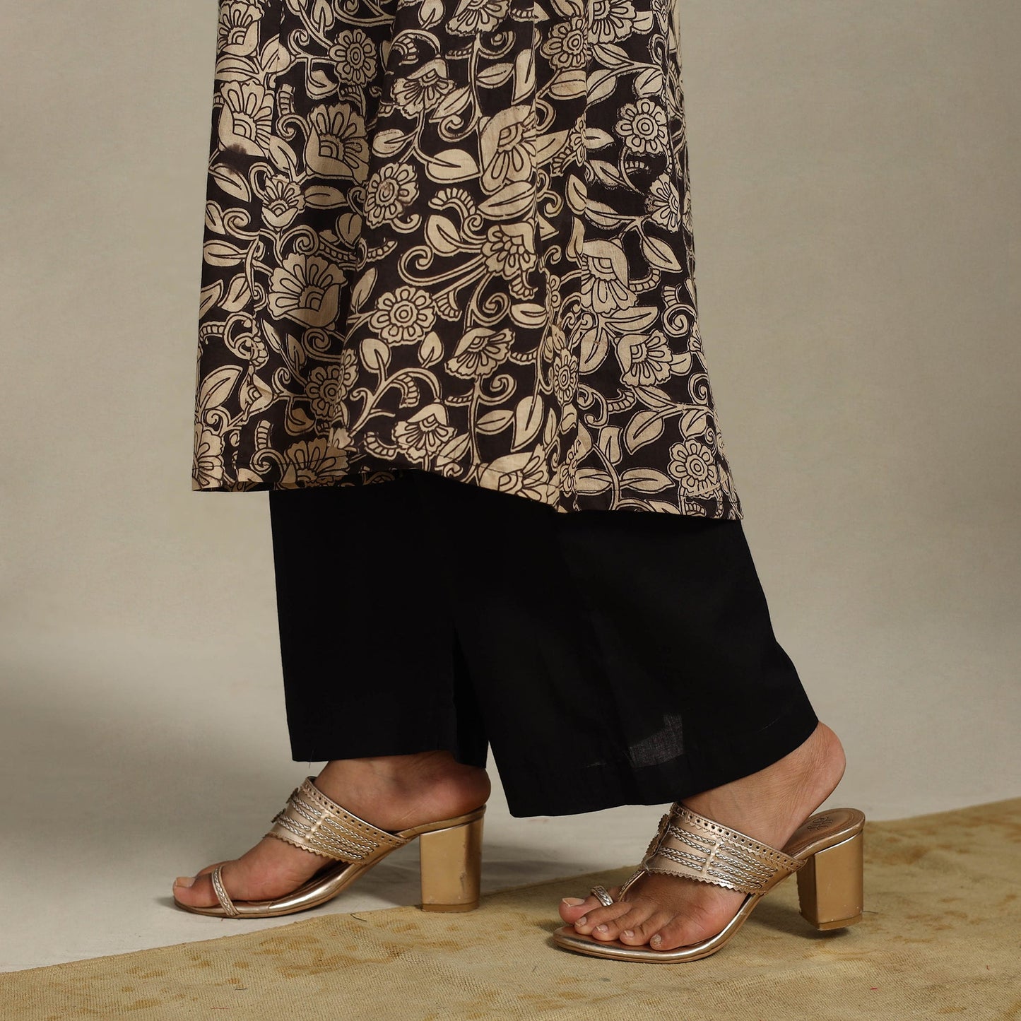 Black Printed Cotton A-Line Kalamkari Kurta