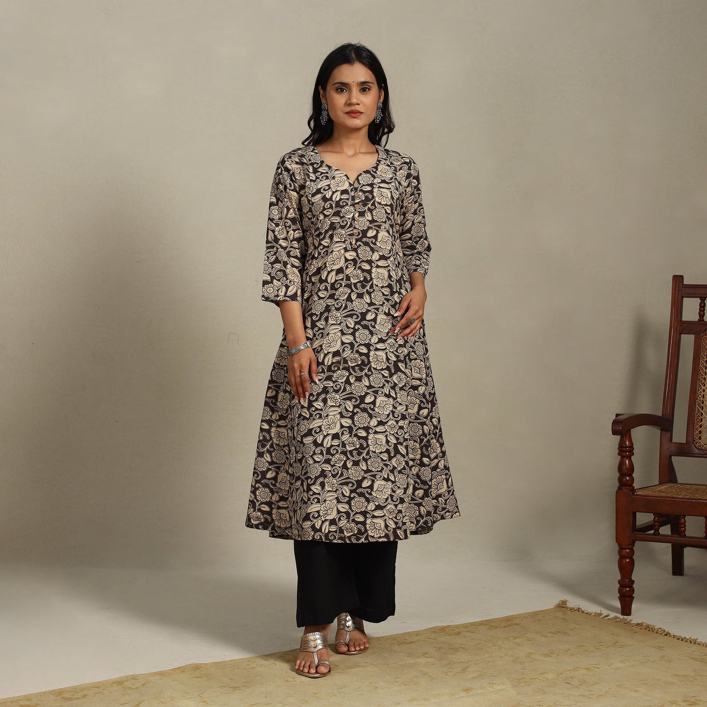 Black Printed Cotton A-Line Kalamkari Kurta