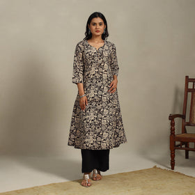 Black Printed Cotton A-Line Kalamkari Kurta
