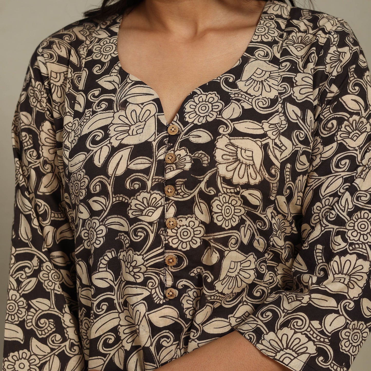 Black Printed Cotton A-Line Kalamkari Kurta