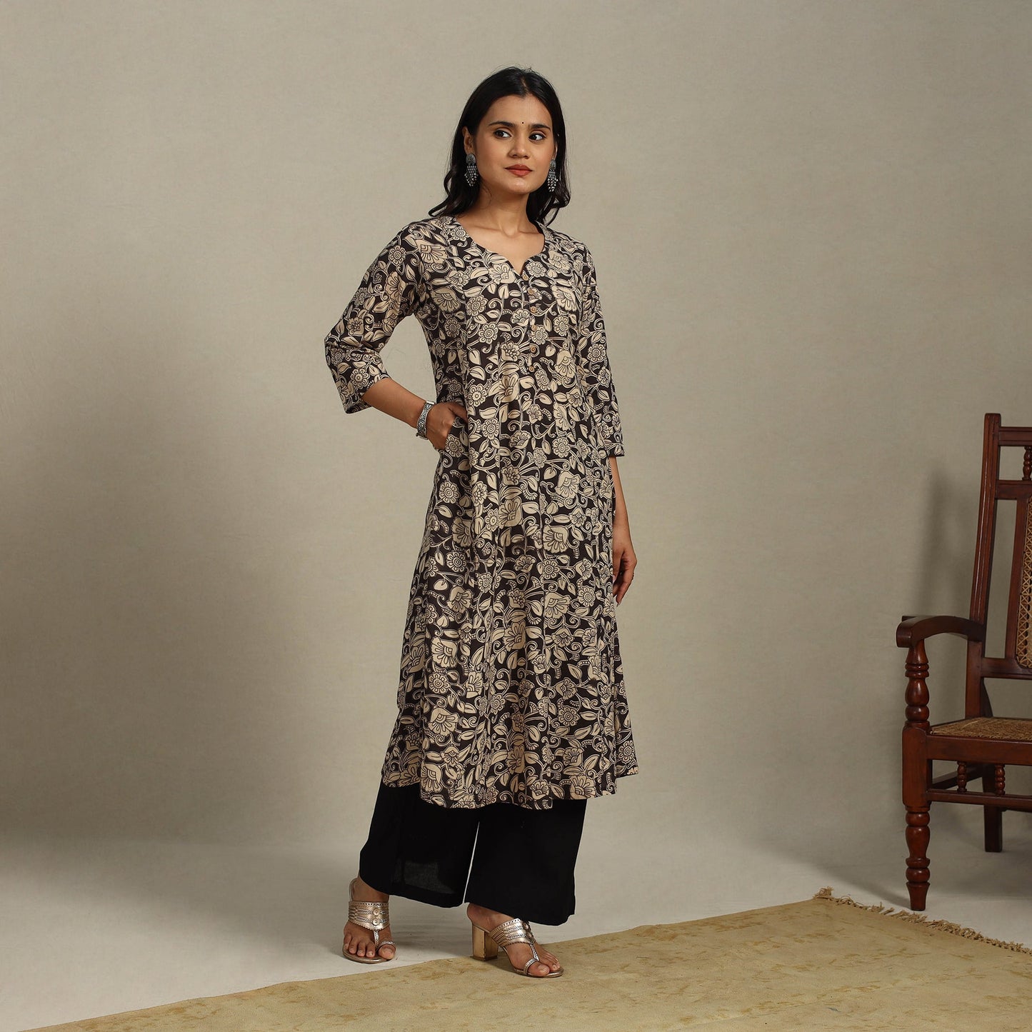 Black Printed Cotton A-Line Kalamkari Kurta