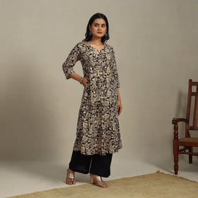 Black Printed Cotton A-Line Kalamkari Kurta