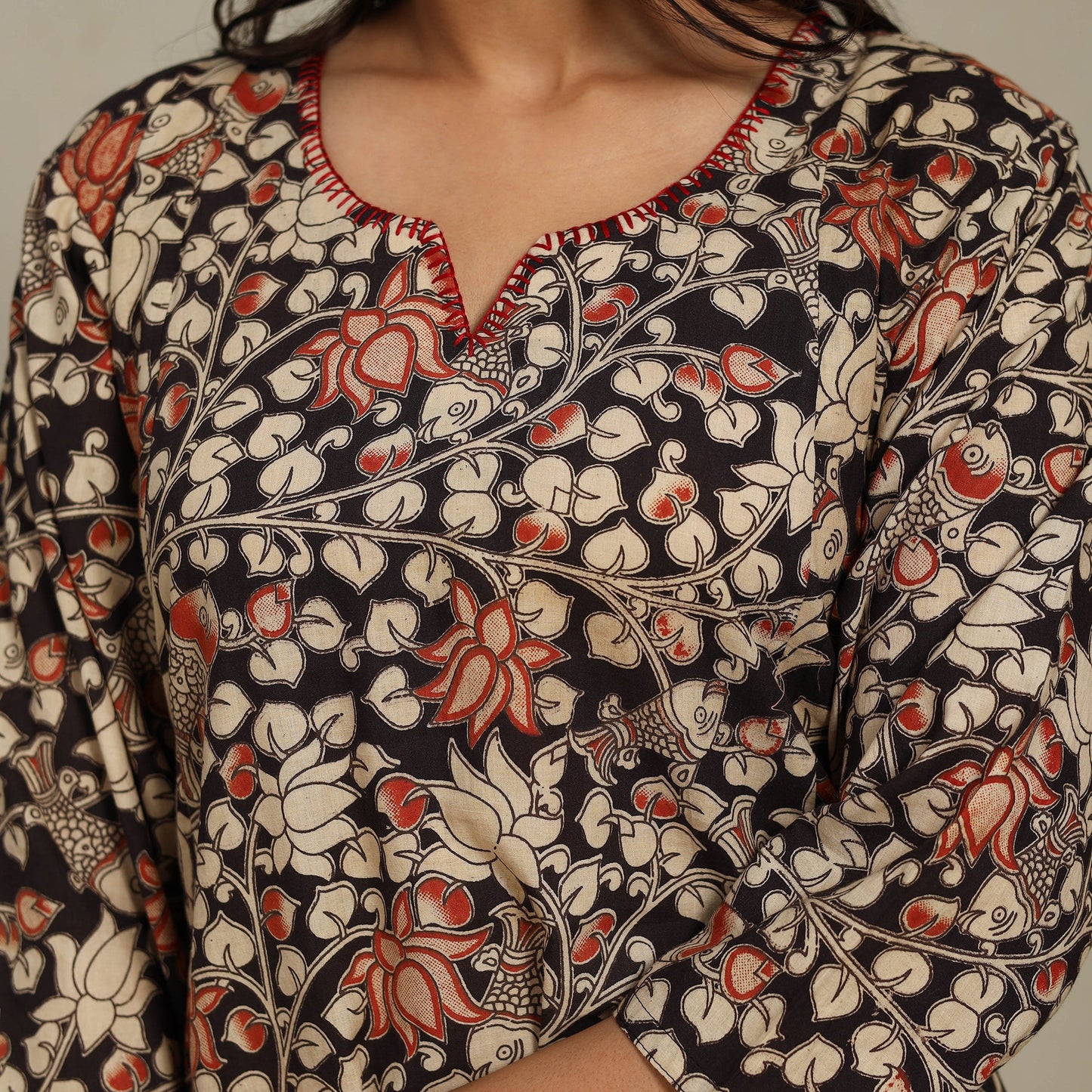 Black Printed Cotton A-Line Kalamkari Kurta with Embroidery