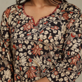 Black Printed Cotton A-Line Kalamkari Kurta with Embroidery