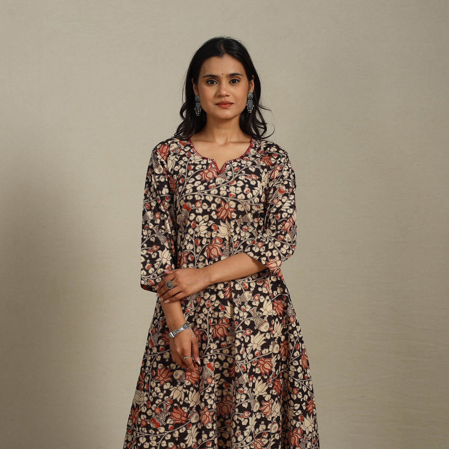Black Printed Cotton A-Line Kalamkari Kurta with Embroidery