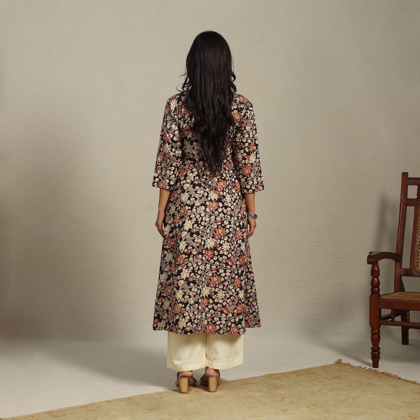 Black Printed Cotton A-Line Kalamkari Kurta with Embroidery