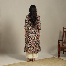 Black Printed Cotton A-Line Kalamkari Kurta with Embroidery