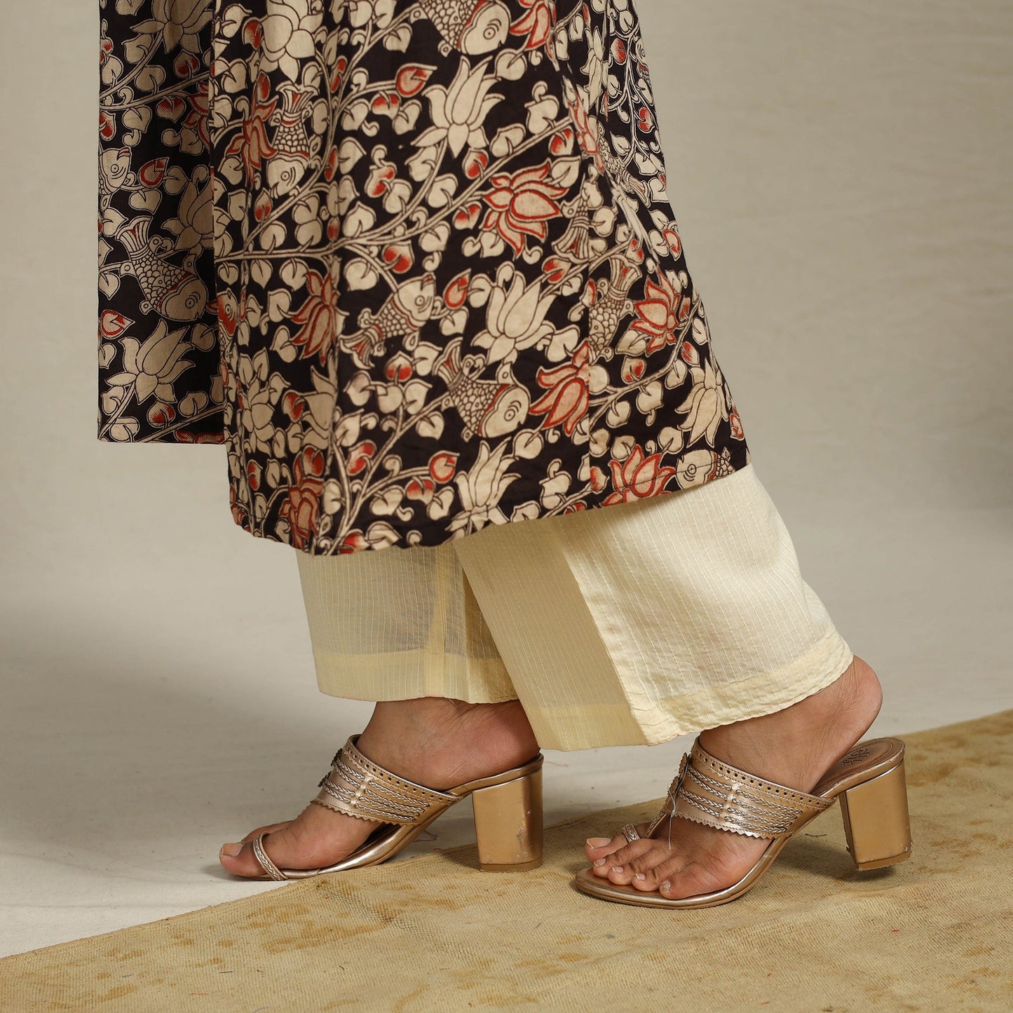 Black Printed Cotton A-Line Kalamkari Kurta with Embroidery