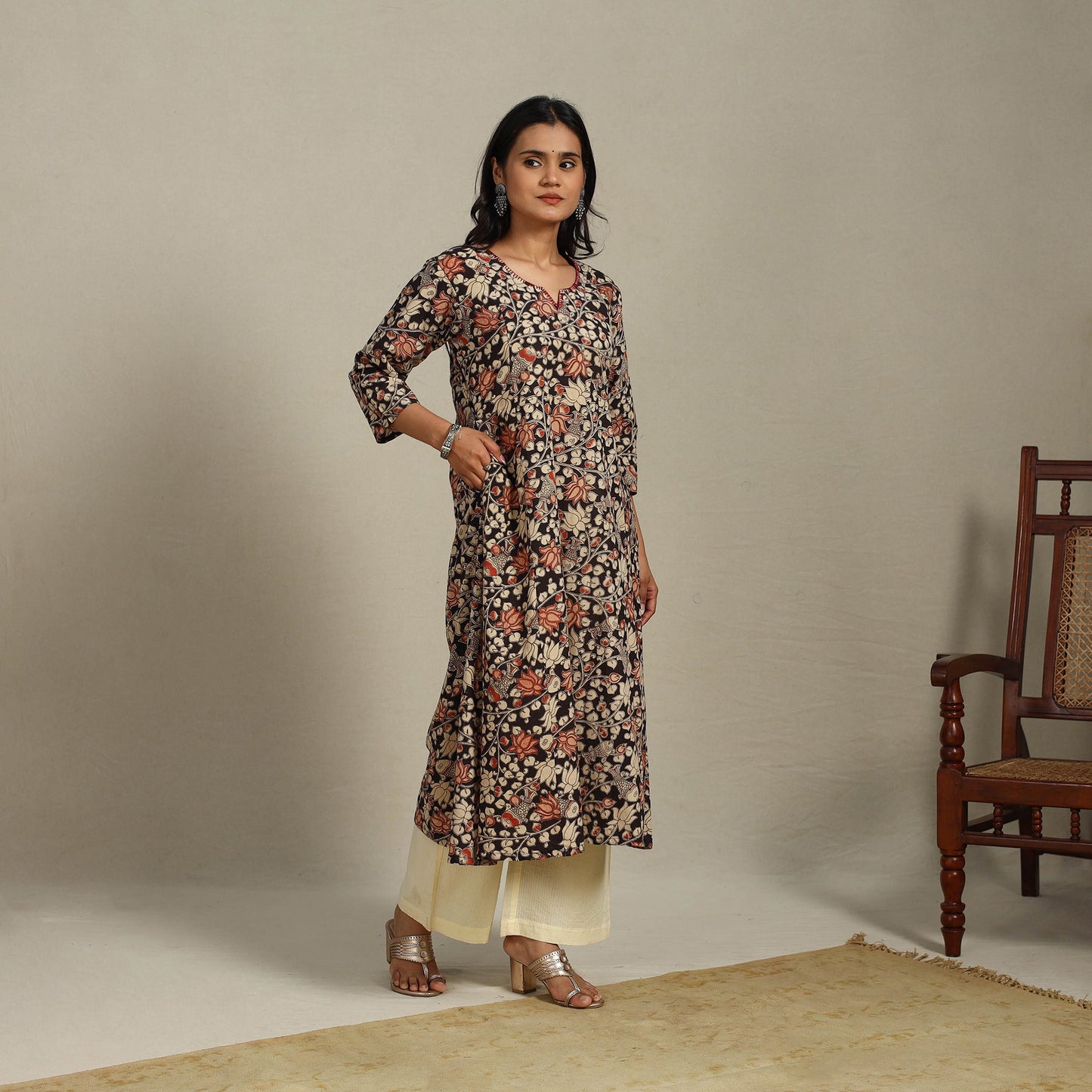 Black Printed Cotton A-Line Kalamkari Kurta with Embroidery