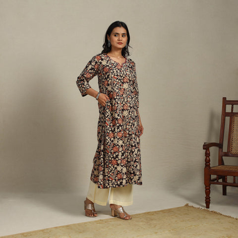 Black Printed Cotton A-Line Kalamkari Kurta with Embroidery