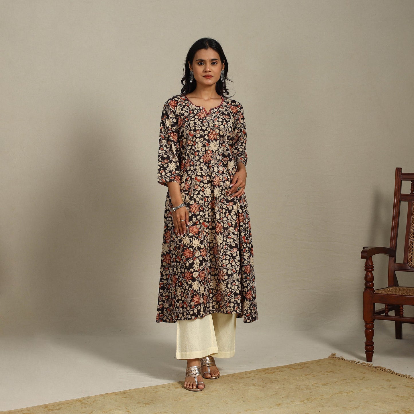 Black Printed Cotton A-Line Kalamkari Kurta with Embroidery