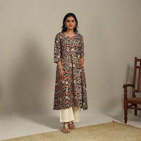 Black Printed Cotton A-Line Kalamkari Kurta with Embroidery
