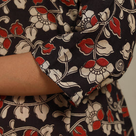 Black Printed Cotton A-Line Kalamkari Kurta with Embroidery