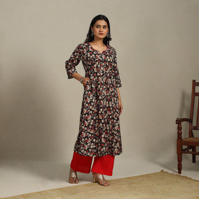 Black Printed Cotton A-Line Kalamkari Kurta with Embroidery