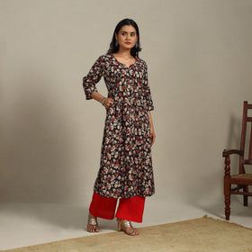 Black Printed Cotton A-Line Kalamkari Kurta with Embroidery