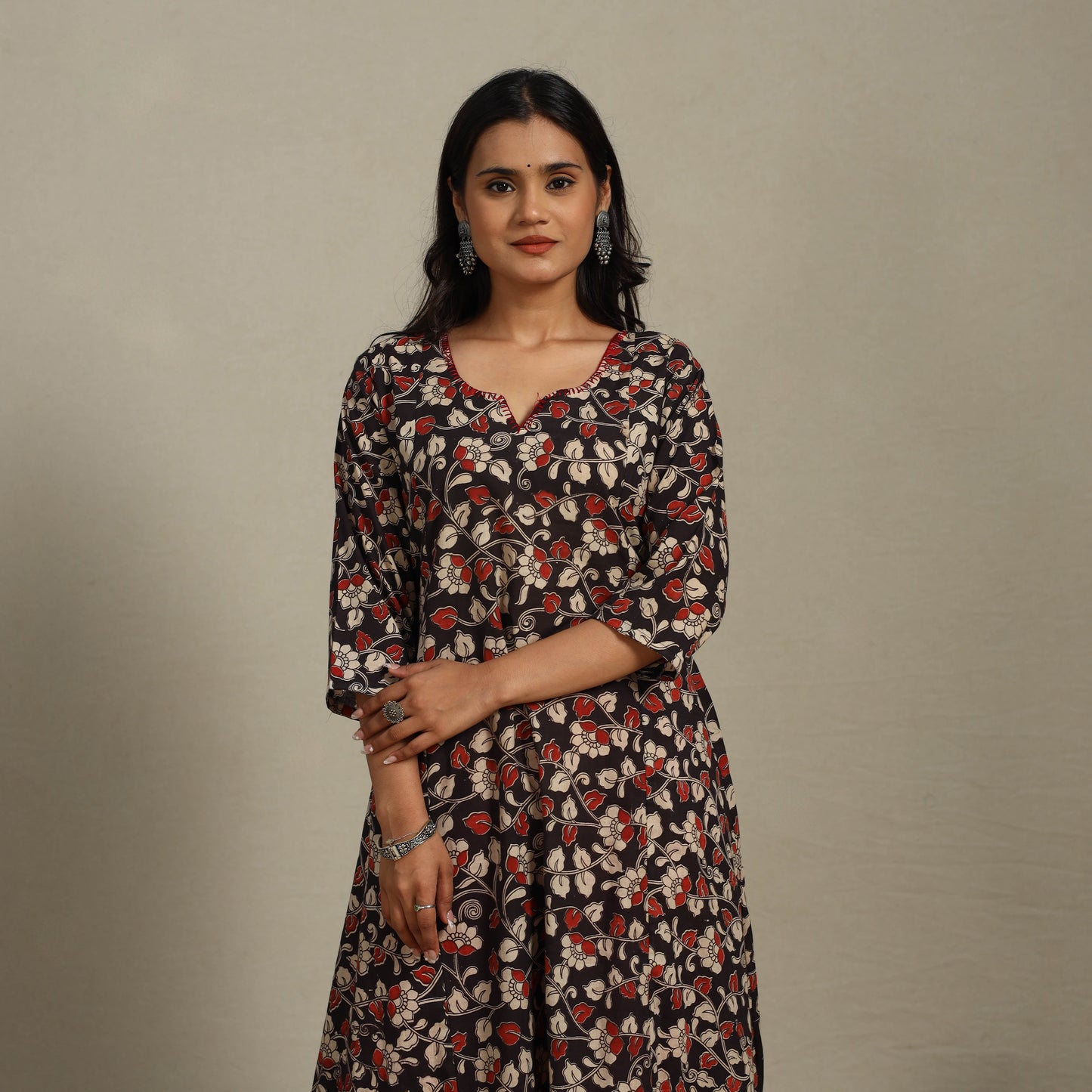 Black Printed Cotton A-Line Kalamkari Kurta with Embroidery