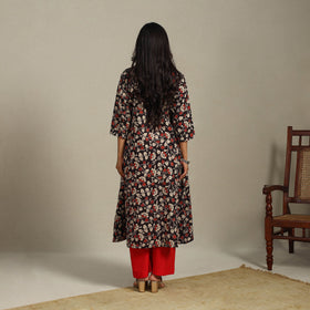 Black Printed Cotton A-Line Kalamkari Kurta with Embroidery