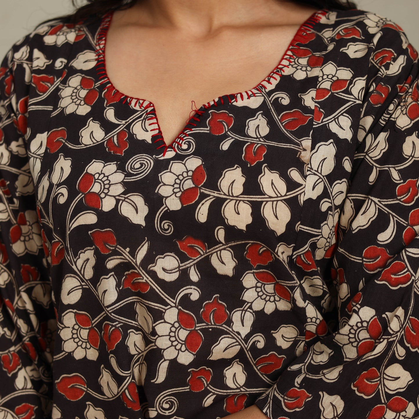 Black Printed Cotton A-Line Kalamkari Kurta with Embroidery