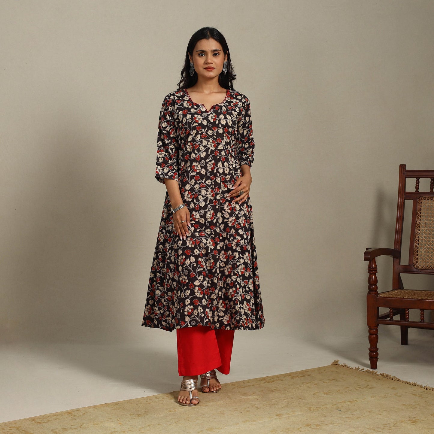 Black Printed Cotton A-Line Kalamkari Kurta with Embroidery