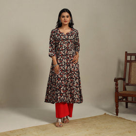 Black Printed Cotton A-Line Kalamkari Kurta with Embroidery