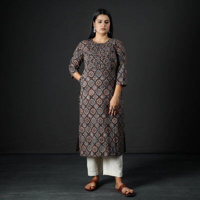 Ajrakh Block Printed Cotton Pintuck Straight Kurta for Women