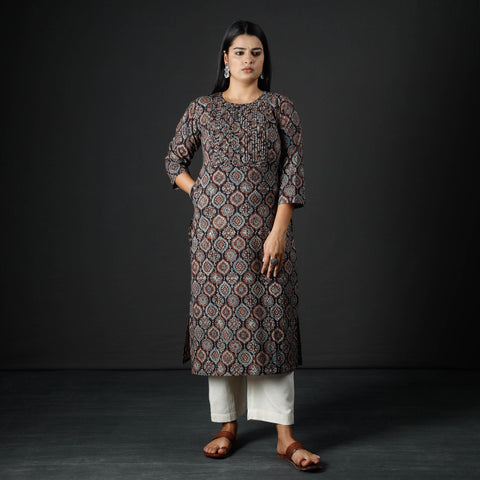 Ajrakh Block Printed Cotton Pintuck Straight Kurta for Women