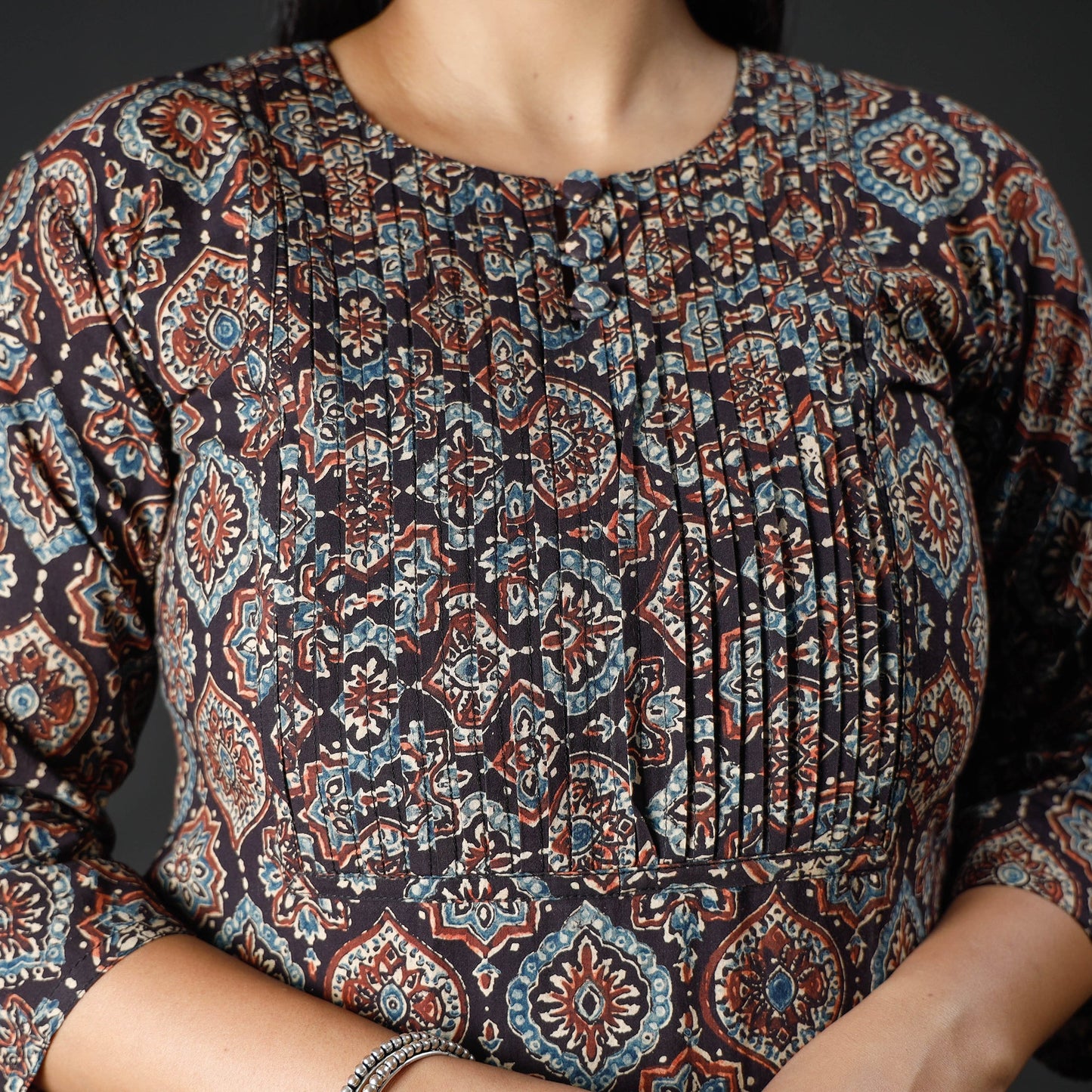 Ajrakh Block Printed Cotton Pintuck Straight Kurta for Women