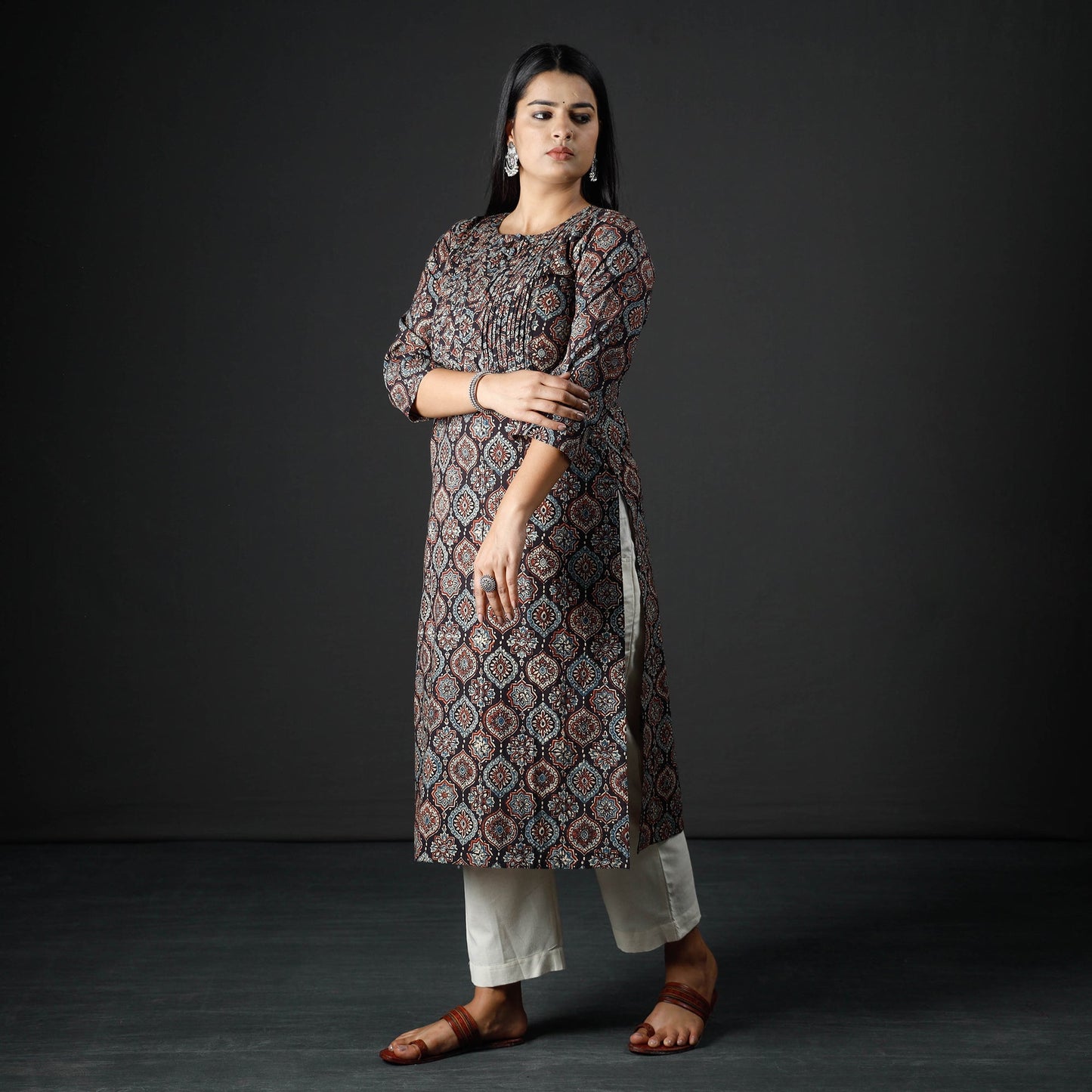 Ajrakh Block Printed Cotton Pintuck Straight Kurta for Women