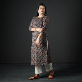 Ajrakh Block Printed Cotton Pintuck Straight Kurta for Women