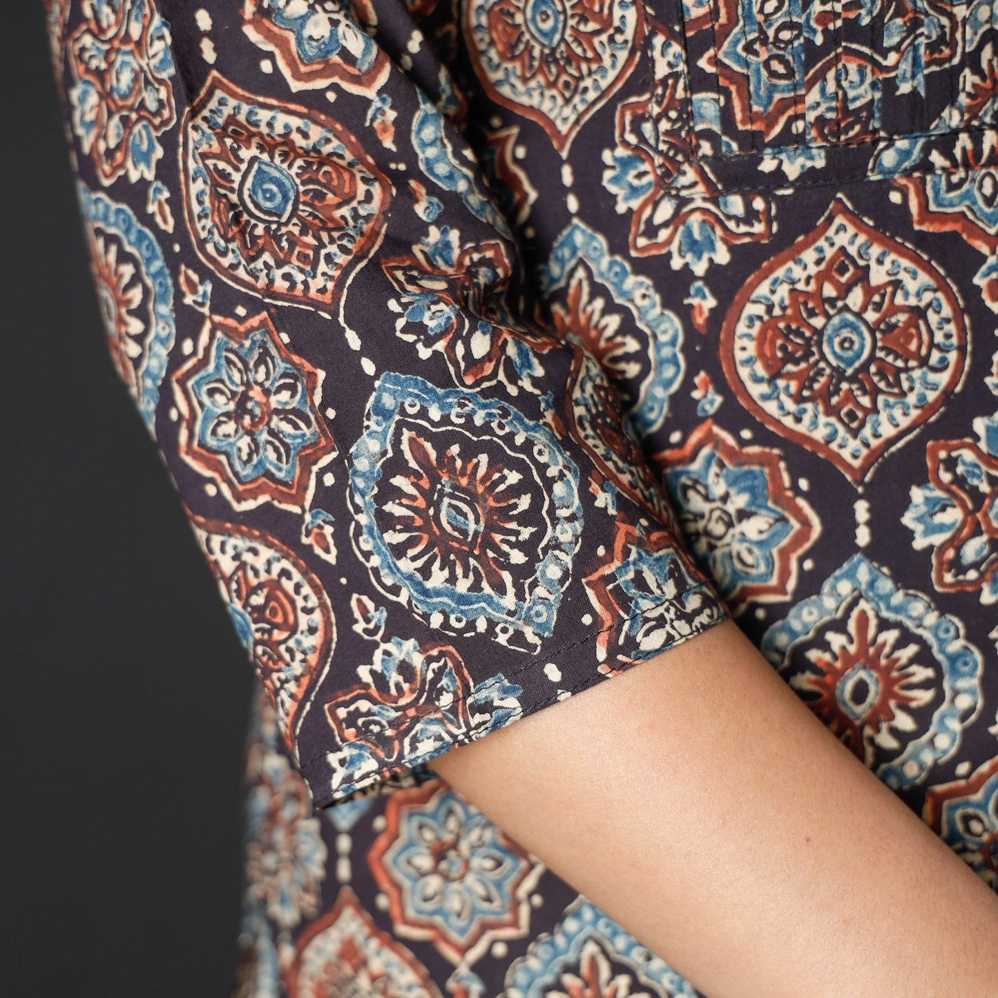 Ajrakh Block Printed Cotton Pintuck Straight Kurta for Women