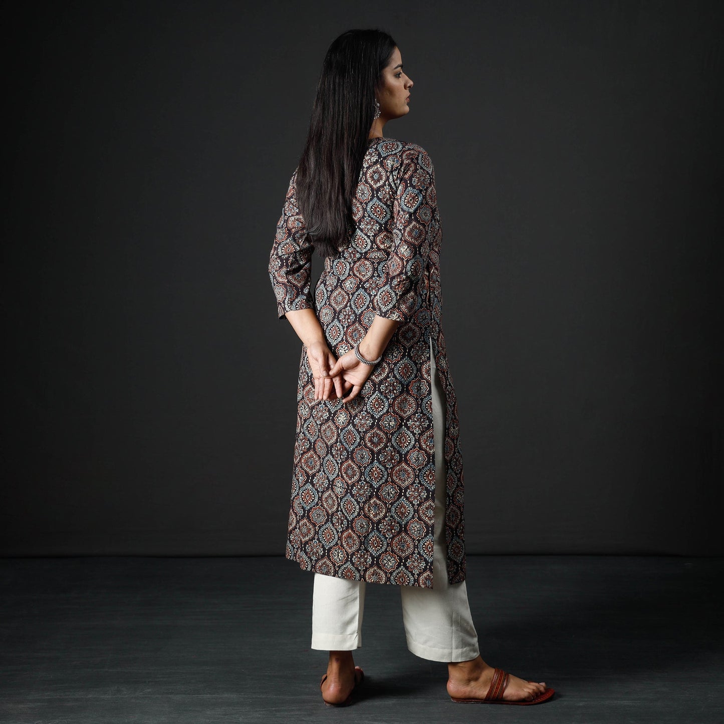 Ajrakh Block Printed Cotton Pintuck Straight Kurta for Women