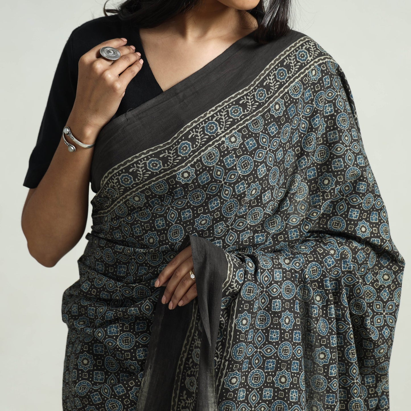 Brown - Ajrakh Block Printed Cotton Natural Dyed Saree