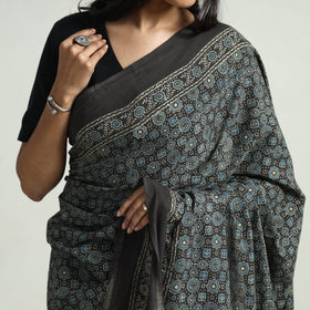 Brown - Ajrakh Block Printed Cotton Natural Dyed Saree