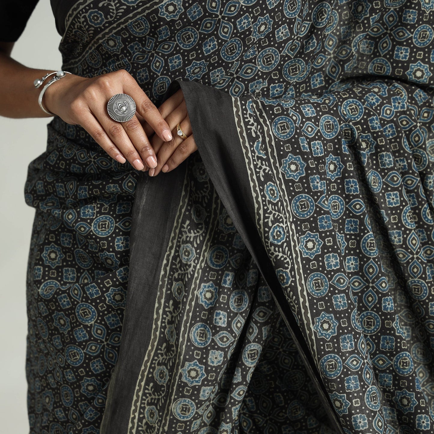 Brown - Ajrakh Block Printed Cotton Natural Dyed Saree