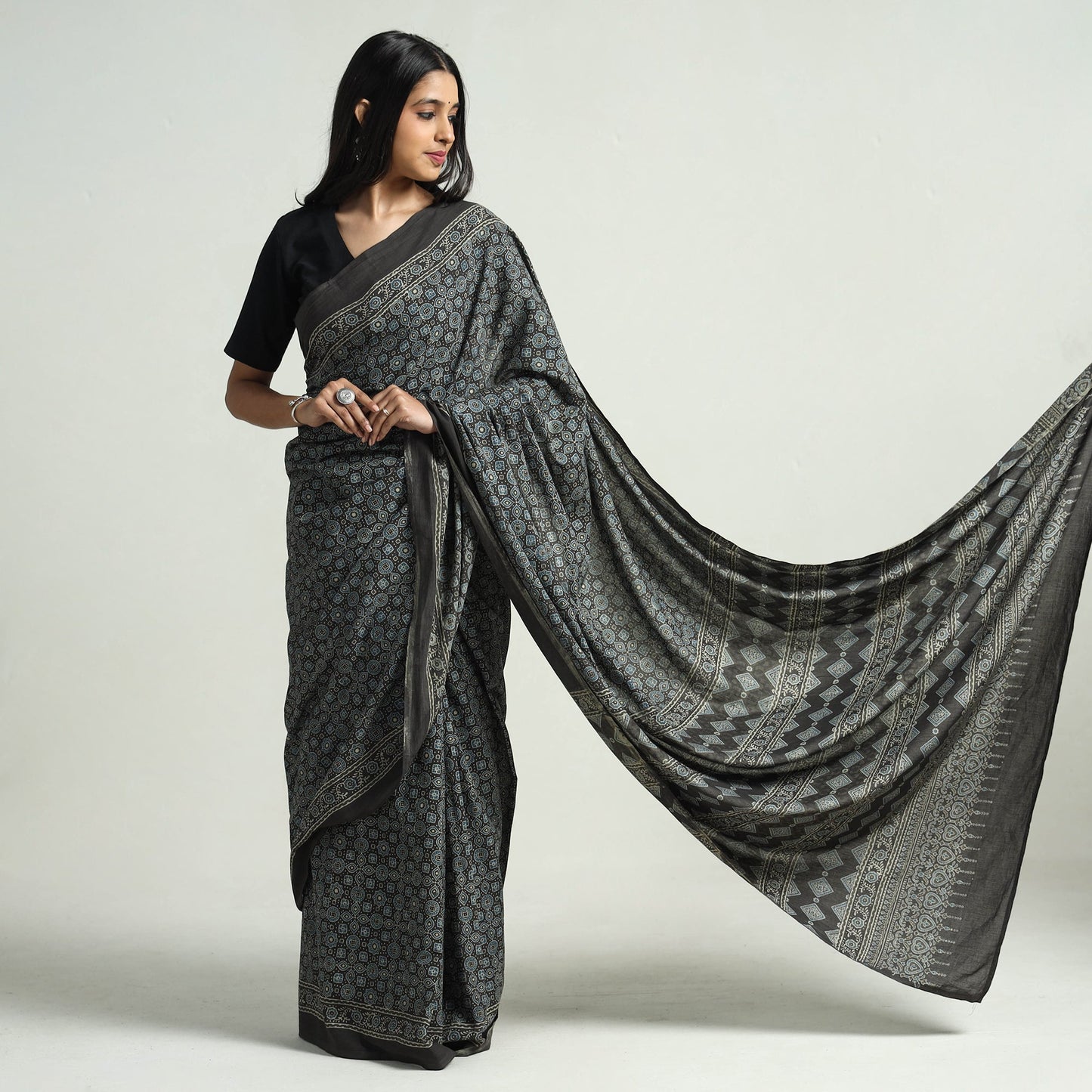 Brown - Ajrakh Block Printed Cotton Natural Dyed Saree