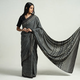 Brown - Ajrakh Block Printed Cotton Natural Dyed Saree