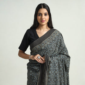 Brown - Ajrakh Block Printed Cotton Natural Dyed Saree