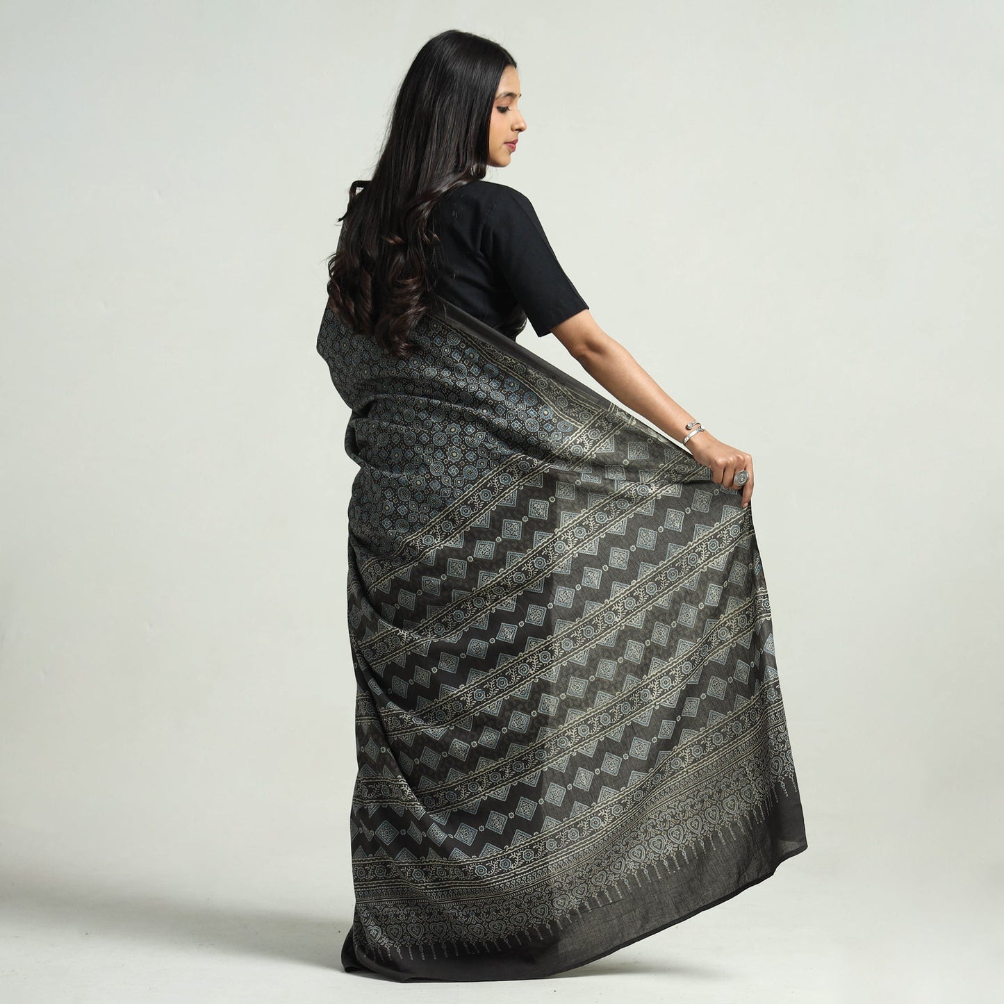 Brown - Ajrakh Block Printed Cotton Natural Dyed Saree