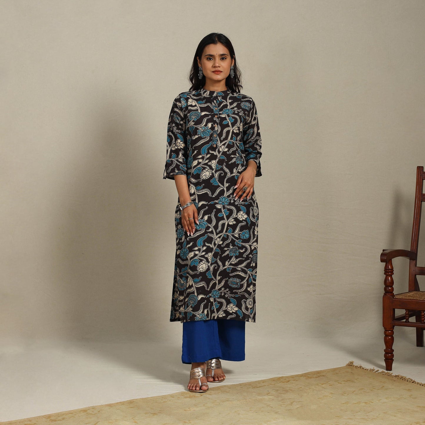 Black Printed Cotton Straight Kalamkari Kurta