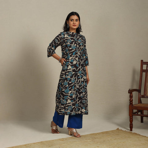Black Printed Cotton Straight Kalamkari Kurta