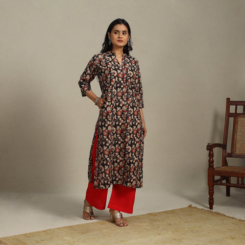 Black Printed Cotton Straight Kalamkari Kurta