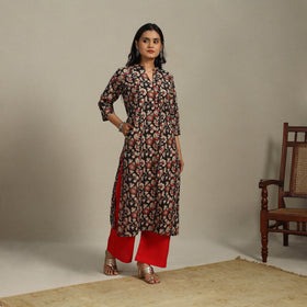 Black Printed Cotton Straight Kalamkari Kurta
