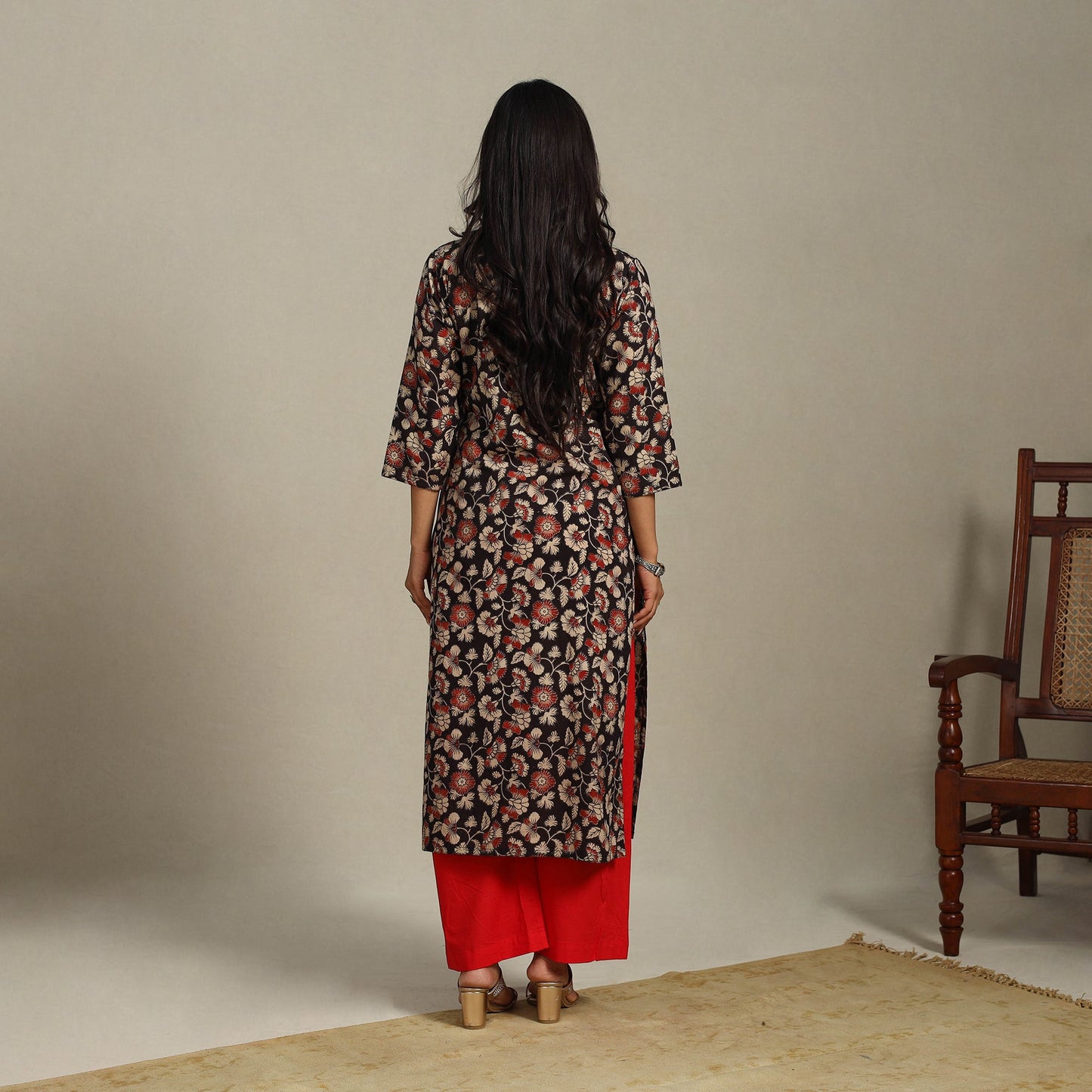 Black Printed Cotton Straight Kalamkari Kurta