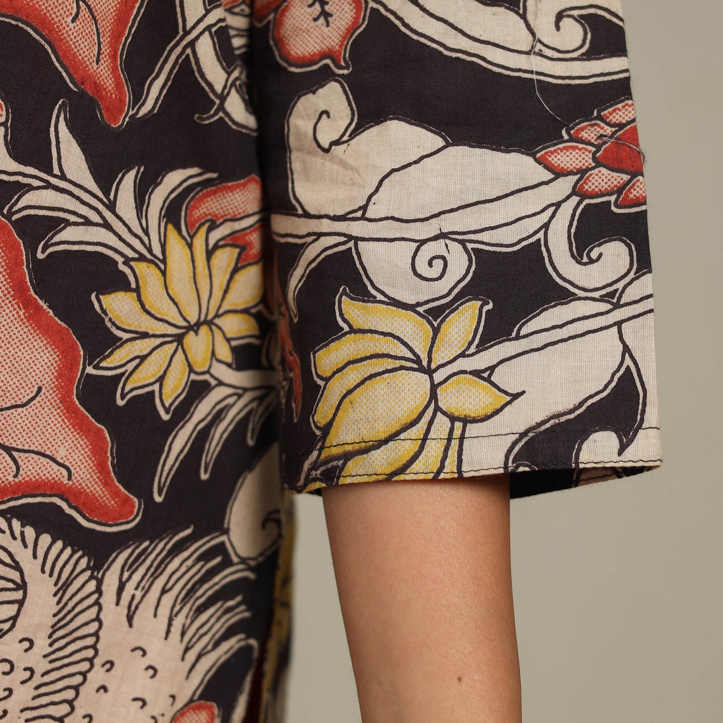 Black Printed Cotton Straight Kalamkari Kurta with Embroidery