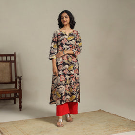 Black Printed Cotton Straight Kalamkari Kurta with Embroidery