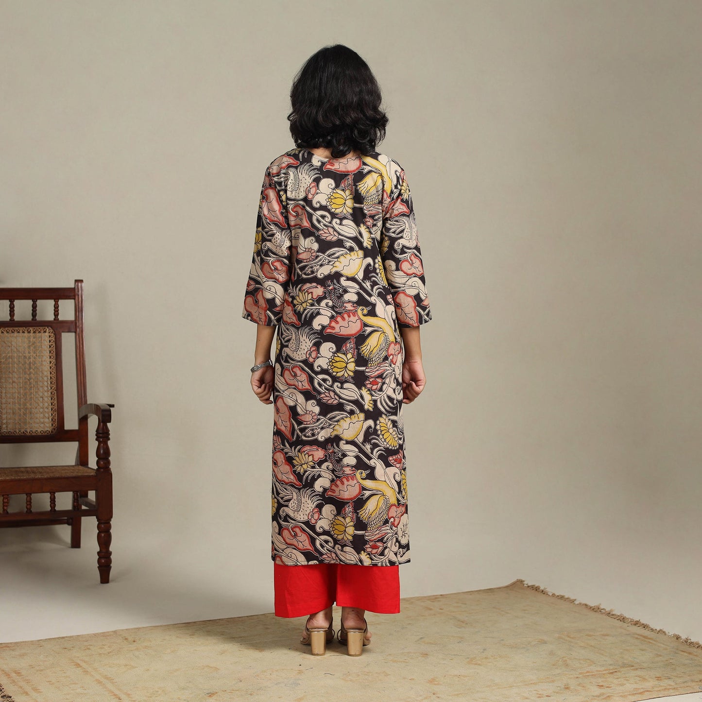 Black Printed Cotton Straight Kalamkari Kurta with Embroidery