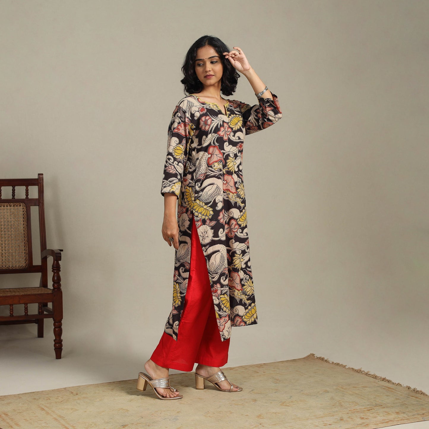 Black Printed Cotton Straight Kalamkari Kurta with Embroidery