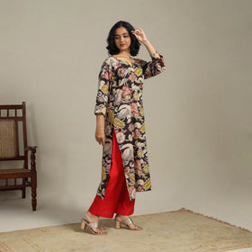Black Printed Cotton Straight Kalamkari Kurta with Embroidery