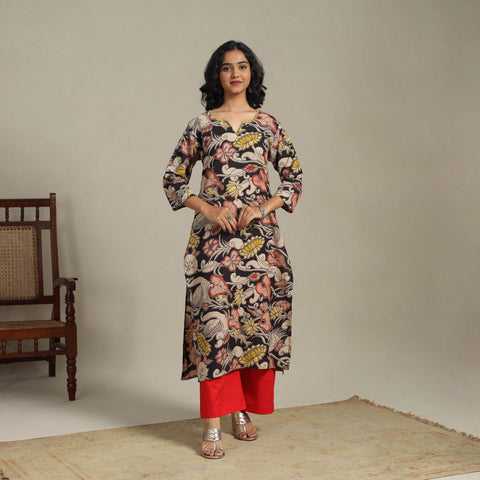 Black Printed Cotton Straight Kalamkari Kurta with Embroidery