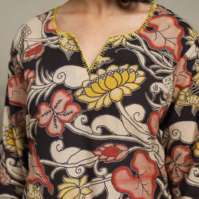 Black Printed Cotton Straight Kalamkari Kurta with Embroidery
